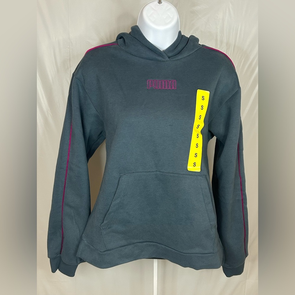 Puma Gray Blue Hoodie Small Pink Logo Side Stripe Sweatshirt NWT